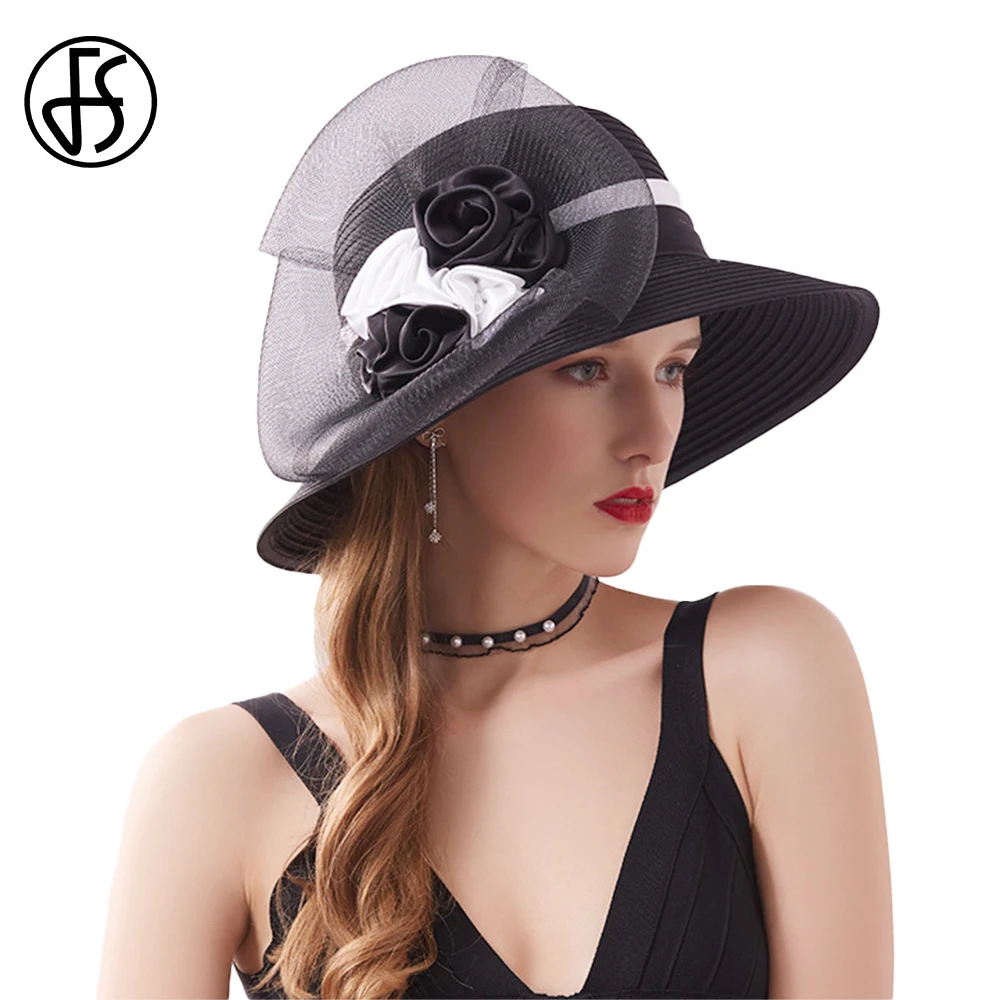 

FS Fascinators Kentucky Derby Hats For Women Summer Wide Brim Wedding Hat Formal Red Black Bow Flower Chapeau Femme Mariage