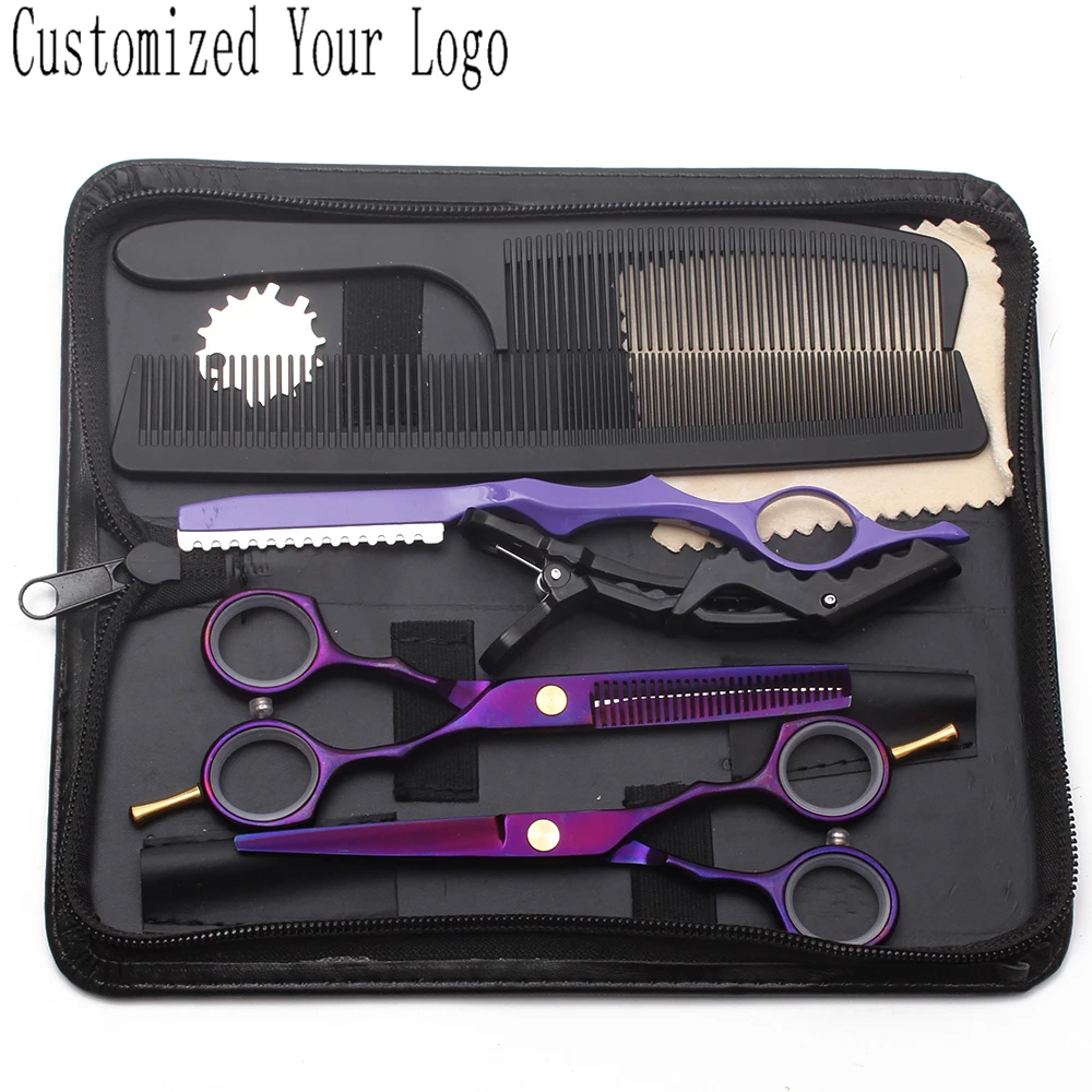 

Suit 5.5" 16cm C1104 Purple Customized Logo Barber Makas Cutting Scissors Thinning Shears Professional Hair Scissors Set of Tool