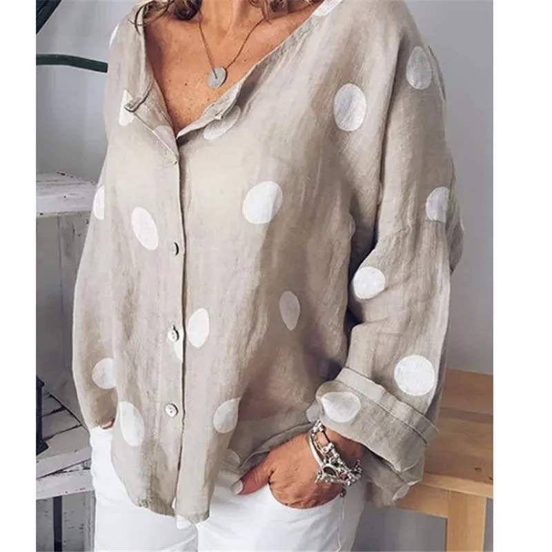 

New Summer Womens Cotton Blended V-neck Polka Dot Shirts Ladies Fashion Casual Long Sleeve Blouses Tops