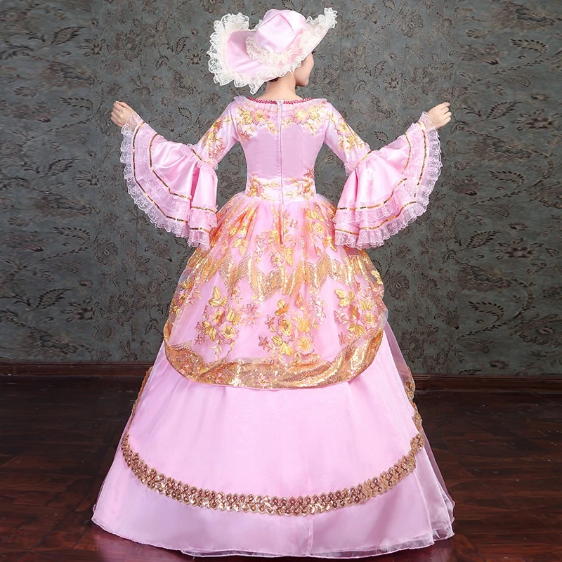 Женское маскарадное платье с квадратным вырезом розовое длинными рукавами