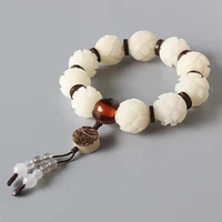 white bodhi seed carved lotus flower beads stretch bracelet for women unique wood crafts beaded jewelry artisan handmade gift