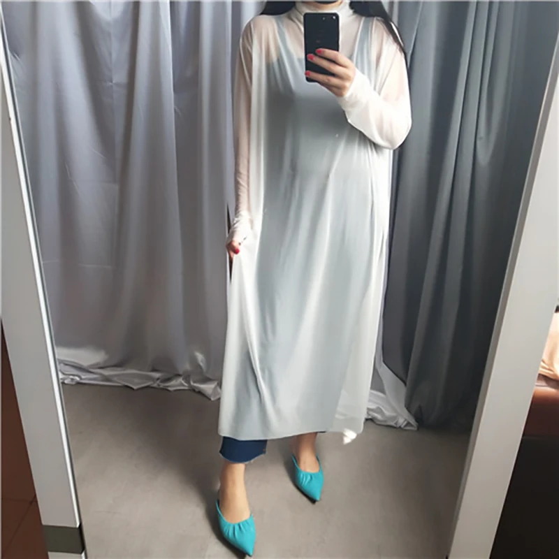 [EAM] New Autumn Winter High Collar Long Sleeve Black Mesh Perspective Colorful Long Big Size Dress Women Fashion JU790