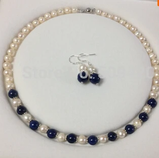 

hot sell7-8mm White Akoya Cultured Pearl/Lapis Lazuli necklace earrings set
