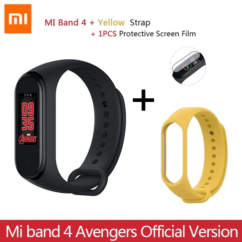 Add Yellow Strap Новейший Xiaomi mi браслет 4 Мстители официальное издание Смарт mi Band 4 Мститель браслет Bluetooth 5,0 пульсометр фитнес - Цвет: Add Yellow Strap