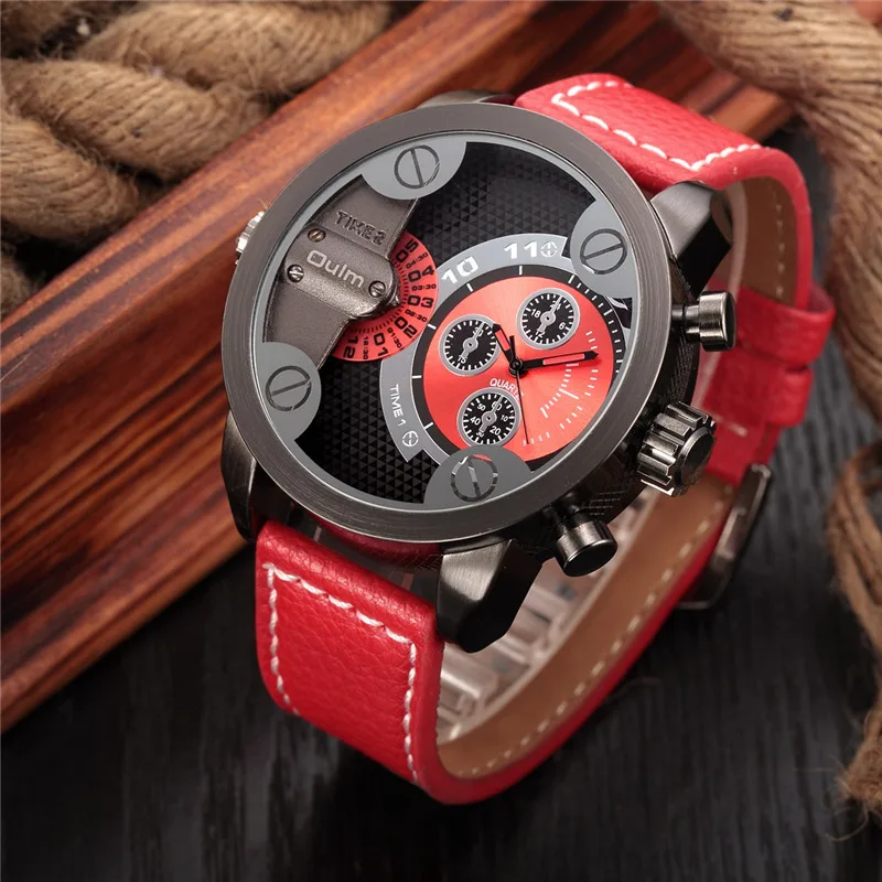 Часы Oulm Мужские с двумя часовыми поясами роскошные брендовые часы мужские