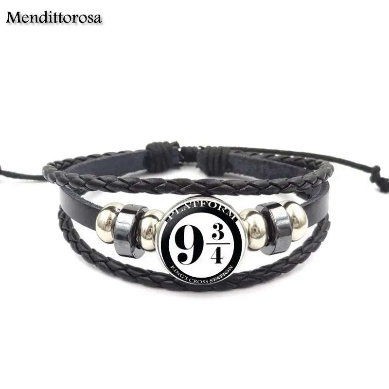 Mendittorosa Vintage Fashion Glass Black Leather Bracelet Bangles Jewelry Handmade For Girl Platform 9 34 Hogwart Express | Украшения и