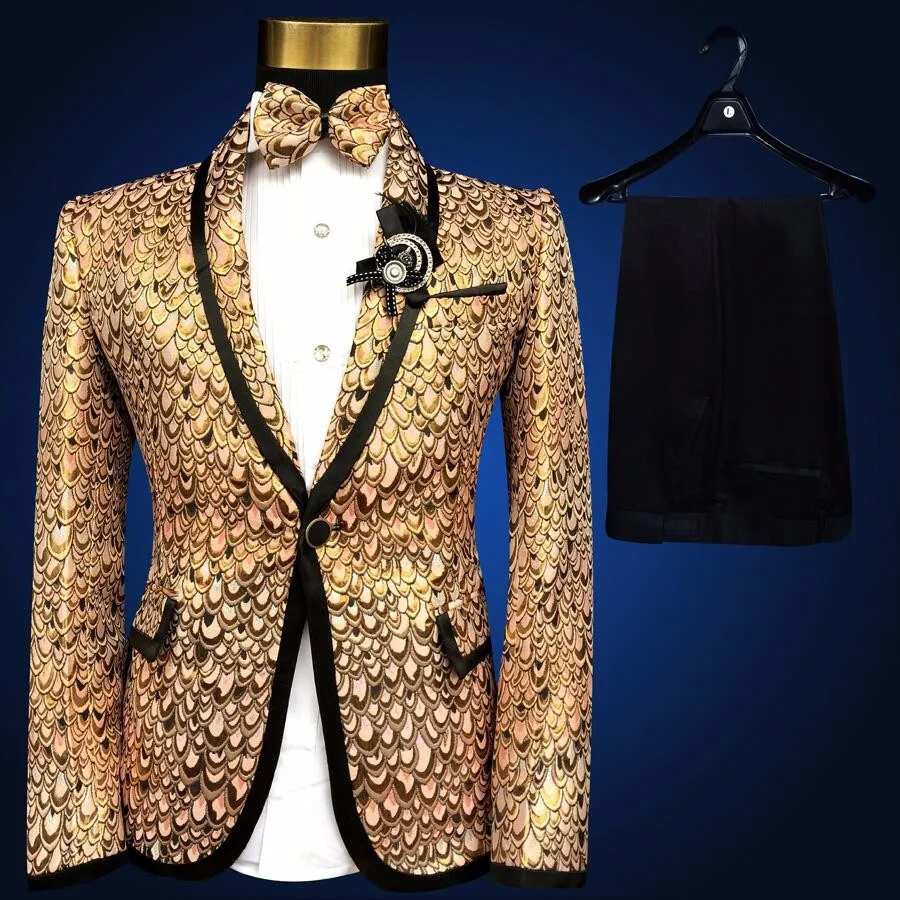 

Latest Coat Pant Designs Gold Pattern Embossed Performance Men Suit Skinny 2 Piece Tuxedo Costume Stage Prom Custom Blazer Terno
