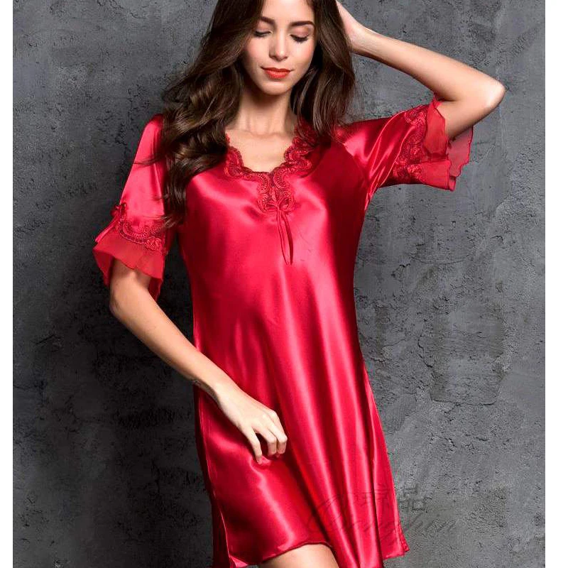Ультра-тонкие шелковые пижамы сексуальная ночная рубашка женская Большой