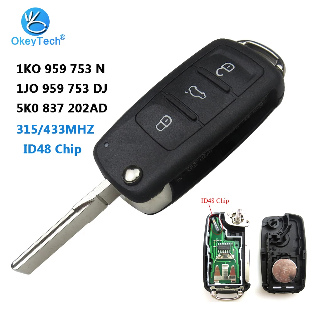 OkeyTech 5K0 837 202AD 1JO 959 753 DJ 1KO 959 753 N ключ дистанционного управления 315/433 МГц с чипом ID48 для Volkswagen 3 кнопки