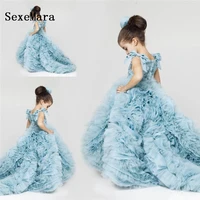 new pretty flower girls dresses ruched tiered ice blue puffy girl dresses for wedding party gowns plus size pageant dresses