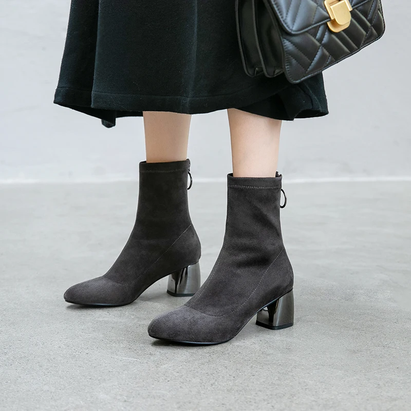 

WETKISS Stretch Boots Women Sock Zip Ankle Boot Party Shoes Female High Heels Thick Shoes Ladies Square Toe Shoes Winter 2019