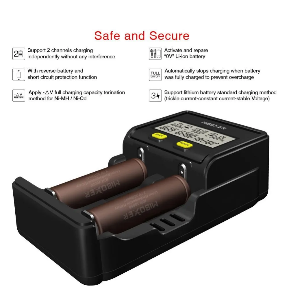 Зарядное устройство 18650 Miboxer 8 слотов 4 слота ЖК-дисплей 1.5A для Li-Ion LiFePO4 Ni-MH Ni-Cd AA 21700 20700 26650 18350 17670
