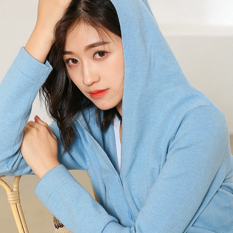 Женский шерстяной кардиган с капюшоном свободный свитер и длинными рукавами