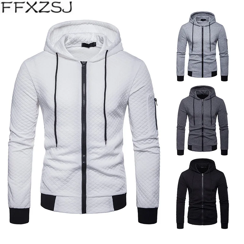 

FFXZSJ men's hooded hooded sweatshirt in solid color diamond latticed zip fasteners for Europe with extra thread cuff sleeve
