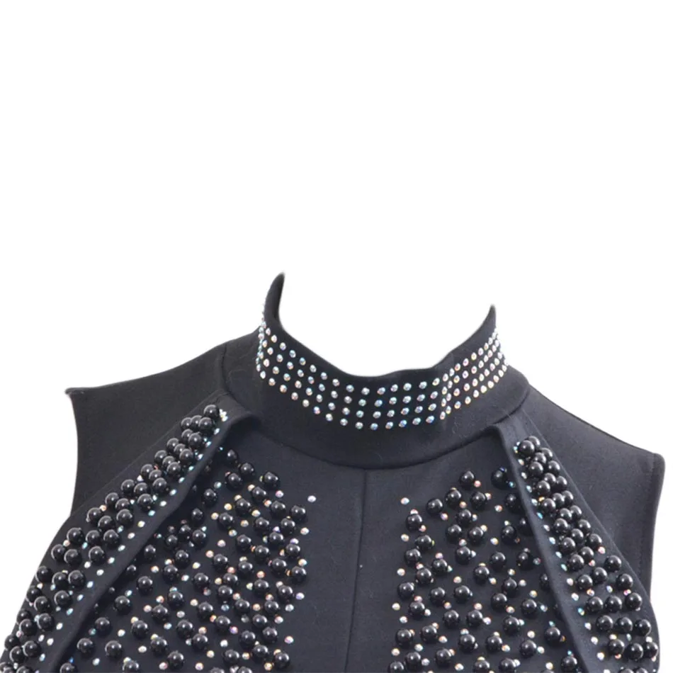 Женское мини платье без рукавов с высоким воротником и бусинами|dress vestidos|mini dresswomen