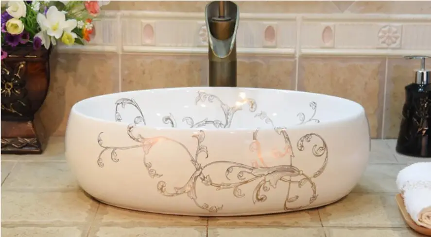 

Bathroom Lavabo Ceramic Counter Top Wash Basin Cloakroom Hand Painted Oval Vessel Sink JYX005