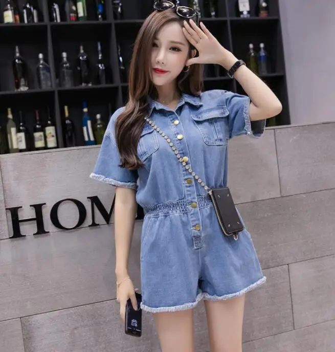 Синий New Summer Wide Leg Jumpsuit Shorts Casual Short Sleeve Denim Rompers Loose Women Playsuit Blue Button Jeans Overalls Femme - Цвет: Синий