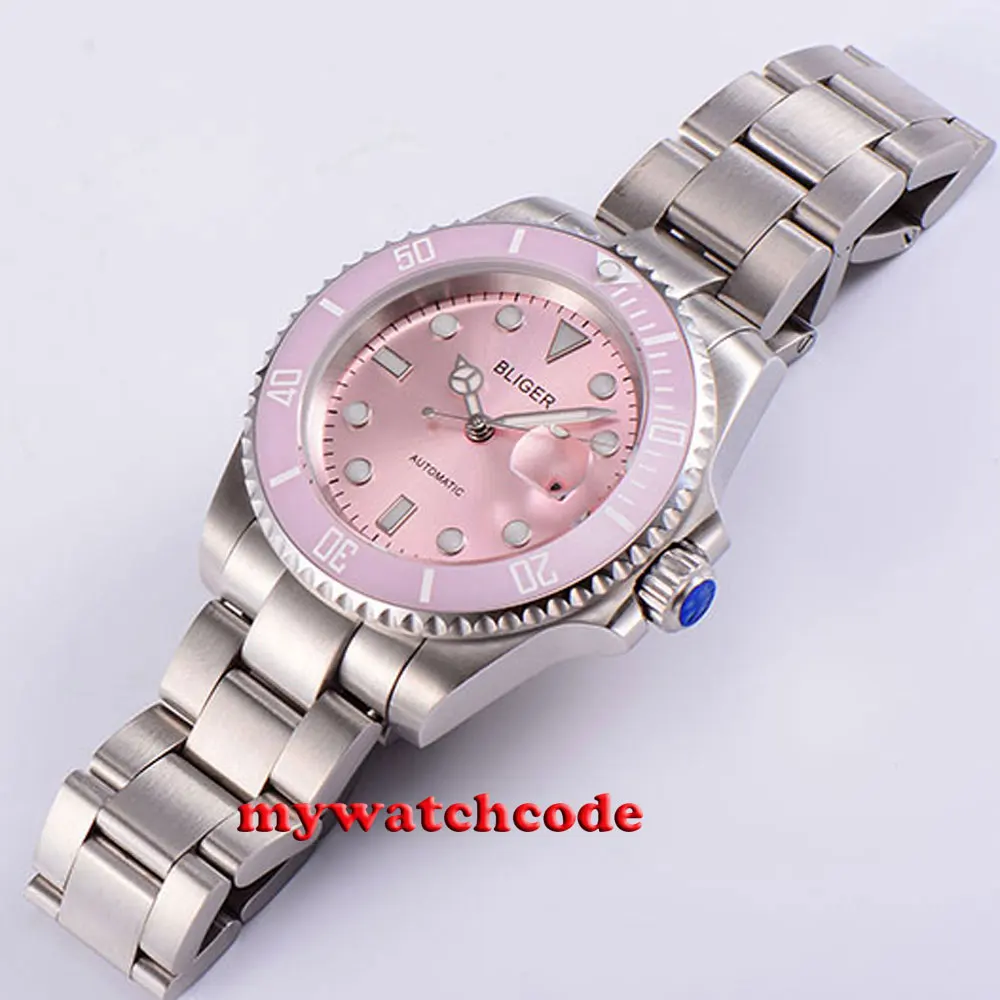 40 мм розовый циферблат винтажный сапфировый кристалл автоматический механизм