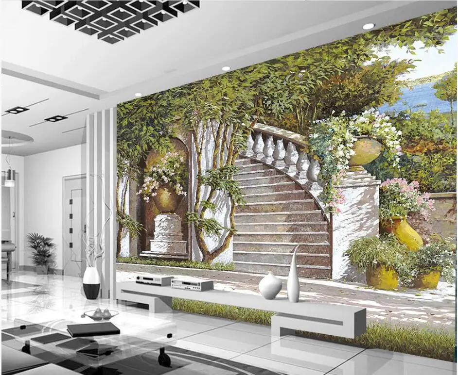 

WDBH 3d wallpaper Custom photo Seaside garden ladder painting background home decor 3d wall mural wallpaper for walls 3 d