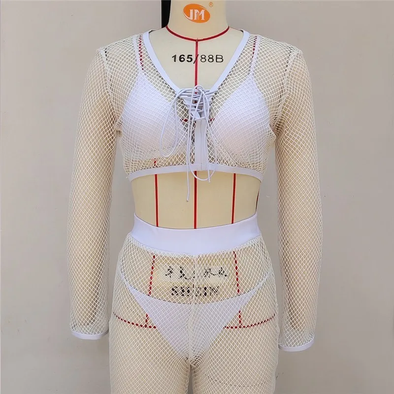 Комплект бикини белый купальный костюм с длинным рукавом сетчатый ажурный