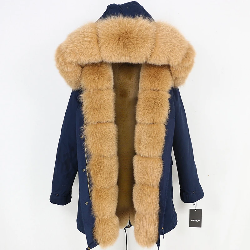 navy camel Зимняя женская куртка на каждый день шуба из натурального Лисьего меха длинная парка с капюшоном из натурального Лисьего меха брендовая парка Толстая теплая уличная одежда со съемным капюшоном - Цвет: navy camel