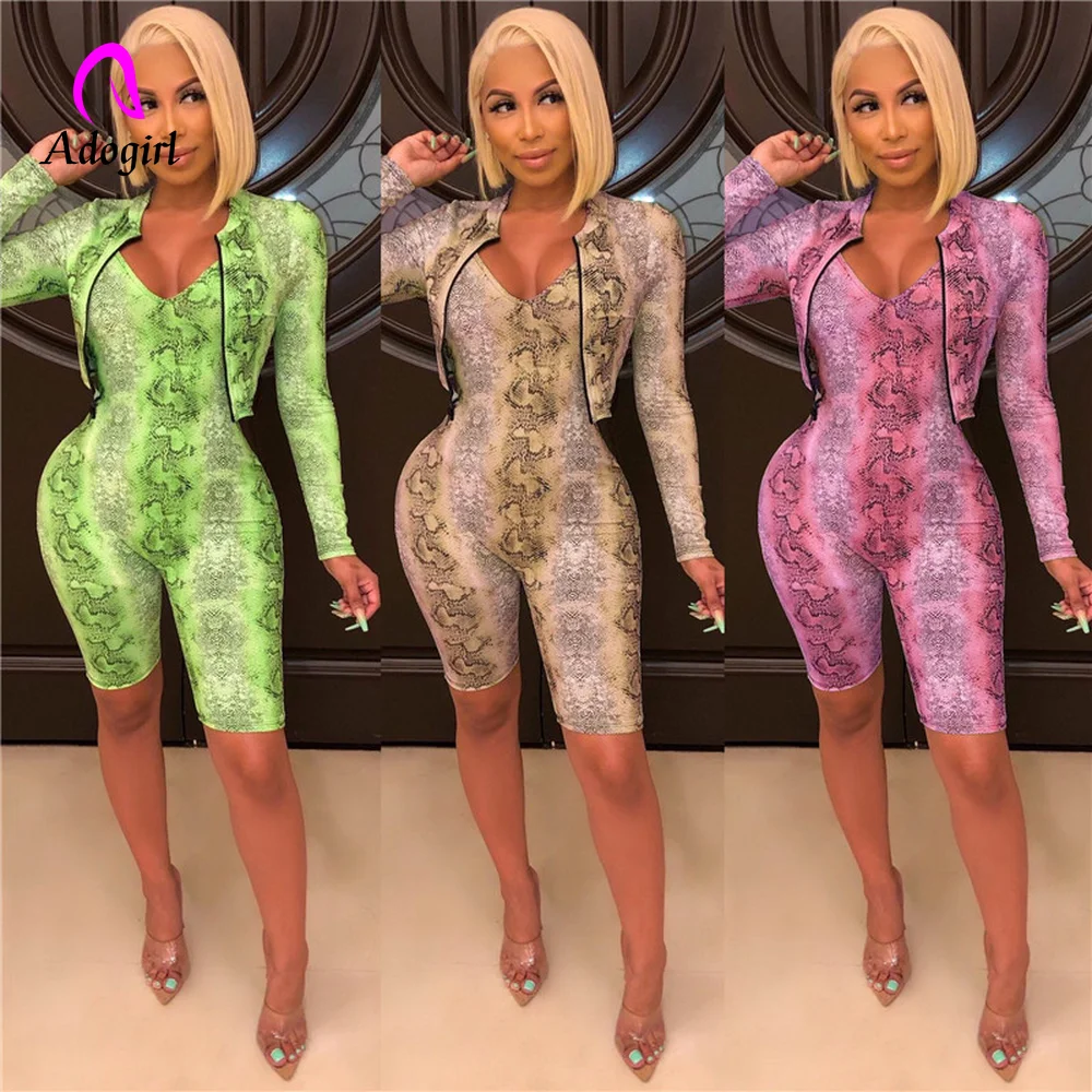 

Adogirl Rompers Snakeskin Print 2 Piece Set 2019 Fall Winter Zipper Long Sleeve Short Coat + Playsuits Sexy Party Club Jumpsuits