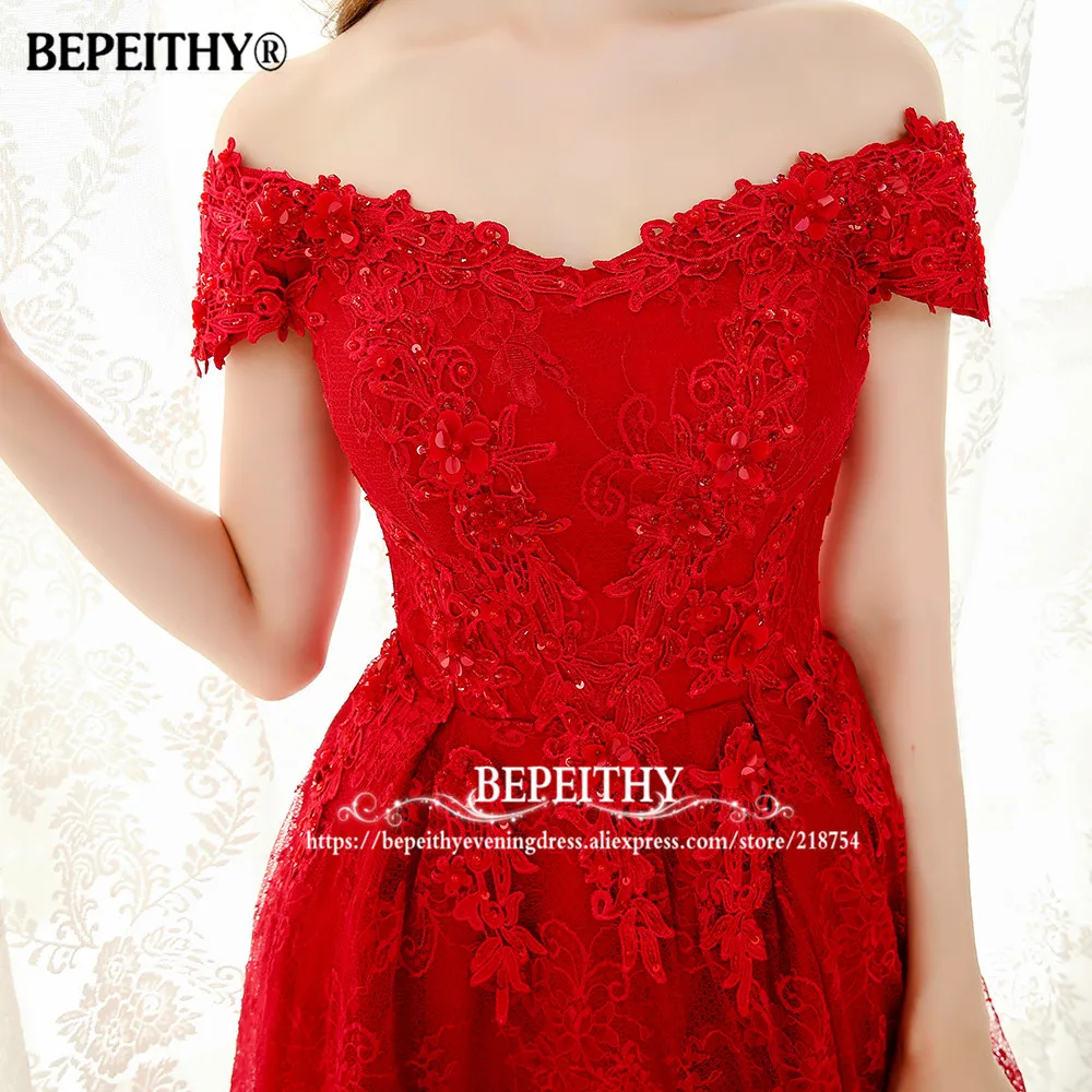BEPEITHY с открытыми плечами короткими рукавами и кружевами вечернее платье