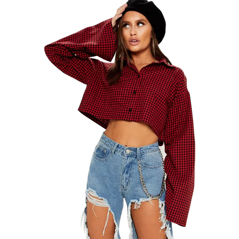 2019 Весенняя рубашка на пуговицах Женская клетчатая хлопковая блузка с длинным