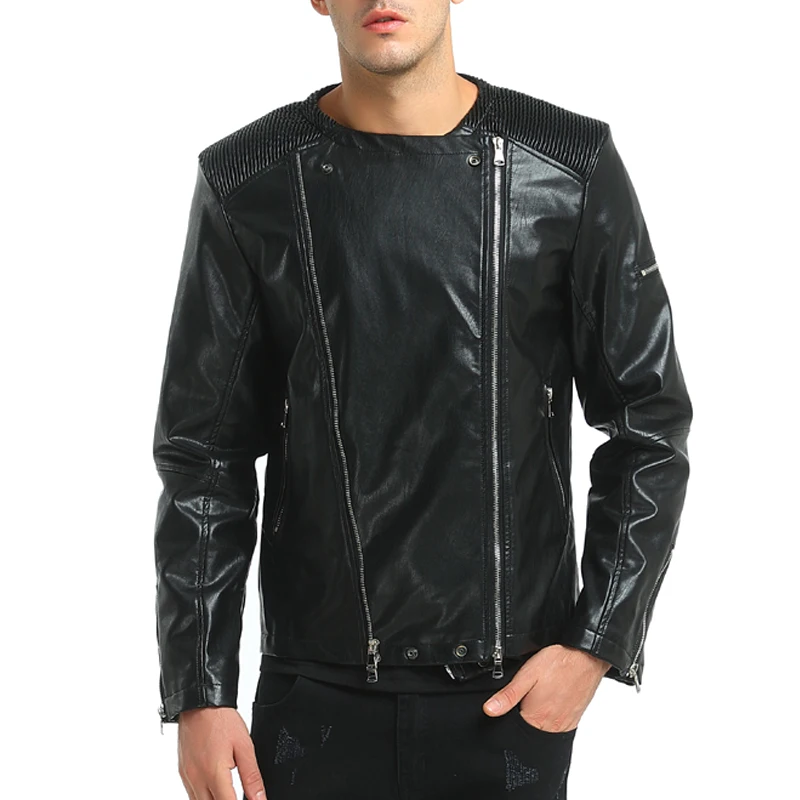 2017 зимние мужские кожаные куртки модные локомотив мульти-молнии Slim Fit Короткие