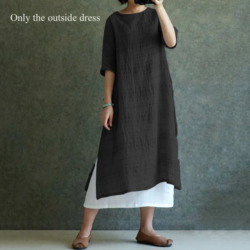 Black Dress ZANZEA S 4XL 5XL женская блузка из хлопка и льна Топ летняя с длинным рукавом в клетку Винтажная с разрезом мешковатая Блуза женская рубашка большого размера - Цвет: Black Dress