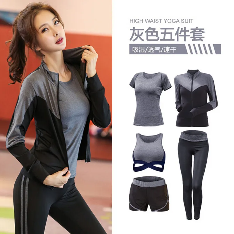 5 piece set c Брюки с высокой талией+ шорты+ сексуальный бюстгальтер+ футболка+ пальто для женщин, комплект из 5 предметов, Быстросохнущий костюм для йоги, одежда для фитнеса, тренажерного зала, спортивные комплекты для бега - Цвет: 5 piece set c