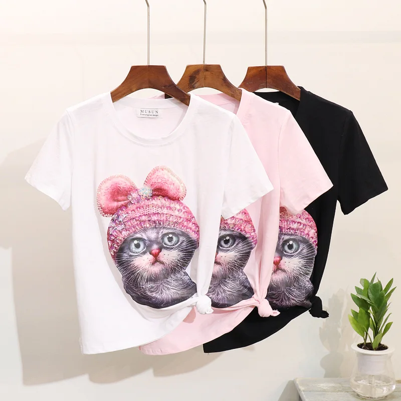 2019 Весна Лето Топ Женская футболка вышитое Блестящим Бисером мультфильм Кот