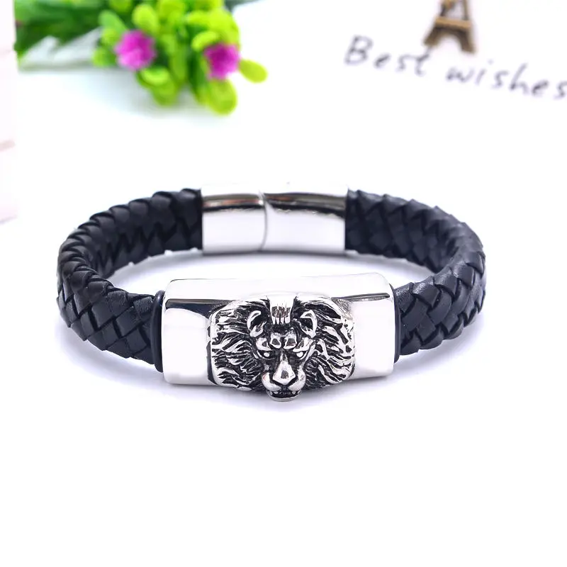 Новинка 2017 года кожаный магнитный браслет с головой льва из натуральной кожи