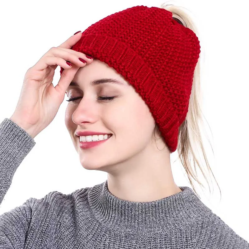 Зимняя женская Шапка бини в виде хвостика Мягкая вязаная грязная шапка булочка