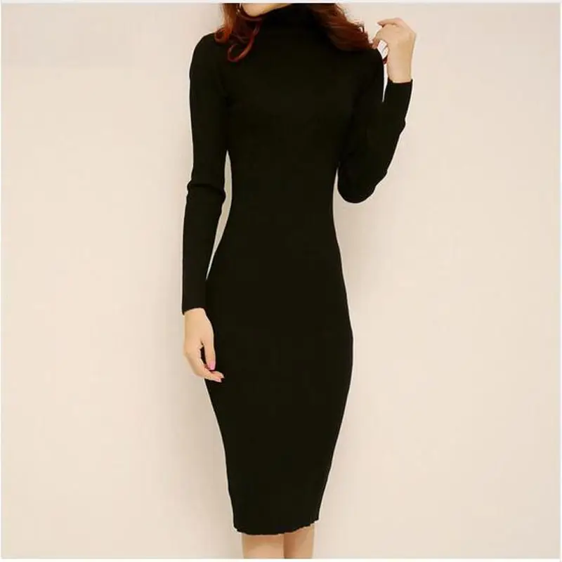 Платье-свитер с высоким воротником осень-зима 2017 Короткое облегающее эластичное