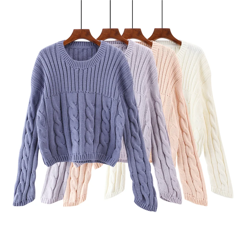 Solid O-neck Twisted Women Knitted Sweater Autumn Full Sleeve Short Style Sweaters and Pullovers Casual Female jumper tops 2018 | Женская