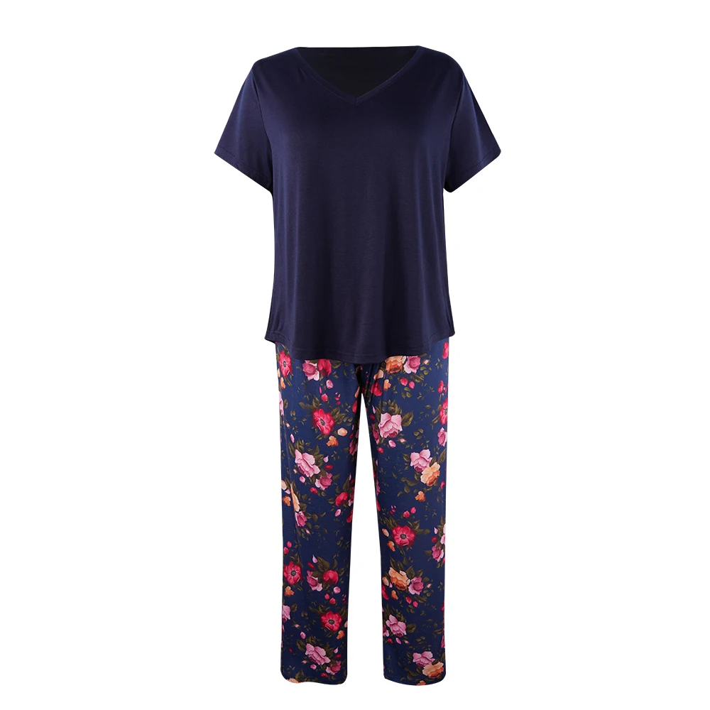 

Solid Short Sleeve T-shirt Tops+Floral Print Full Length Pants Pajamas Sets for Women Spring Summer Laies Sleepwear Pajamas