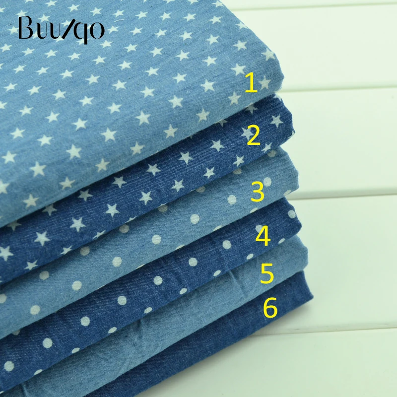 Хлопчатобумажная джинсовая ткань с принтом звезд синяя для самостоятельного