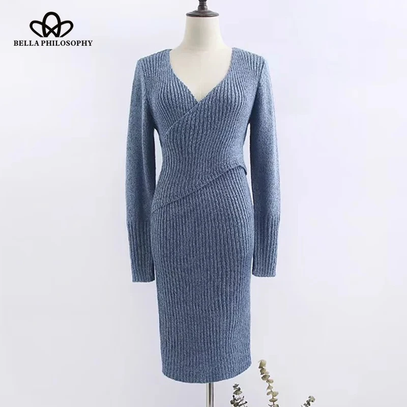 

Bella Philosophy 2018 Autumn empire long sleeves Dress Women V neck knee length Dress for women solid A line sexy party Vestido