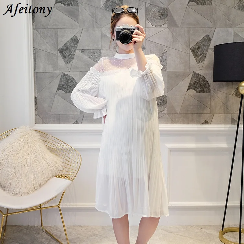 2017 Spring Plus Size Long Sleeved Lace Maternity Dresses Clothing Pleated Loose Bottoming Tops For Pregnant Women Clothes | Мать и