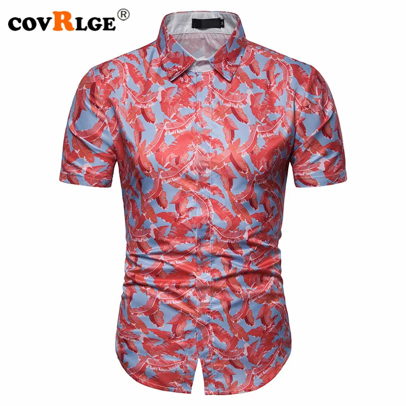 

Covrlge Men's Summer Polyester 3D Feather Print Shirts Turn-down Collar Short-sleeved Single Breasted Shirts Beach Shirts MCS083