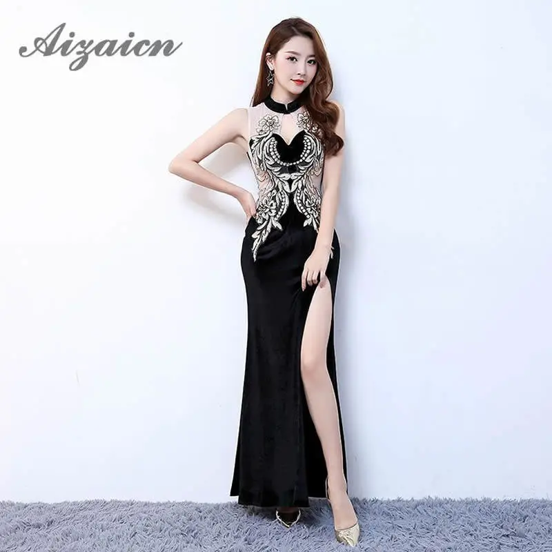 Qipao – robe de soirée chinoise longue, transparente, Sexy, sans manches, bleue, fente ouverte, dos nu, broderie Cheongsam, 2020