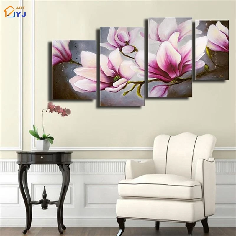 Картина с розовыми цветами 4 панели модульная Современная картина маслом ручной