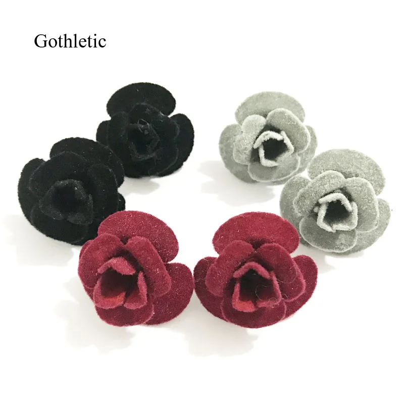 Женские бархатные серьги гвоздики Gothletic черные/серые/бордовые крупные из флока и