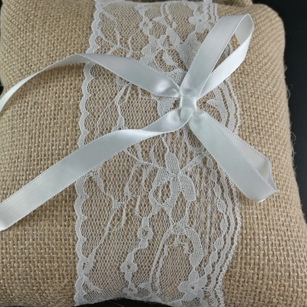 

20*20CM Wedding Favors Burlap Hessian Lace Wedding Ring Pillow Cushion Unique For Bridal Wedding Party Valentine's Day Supplies
