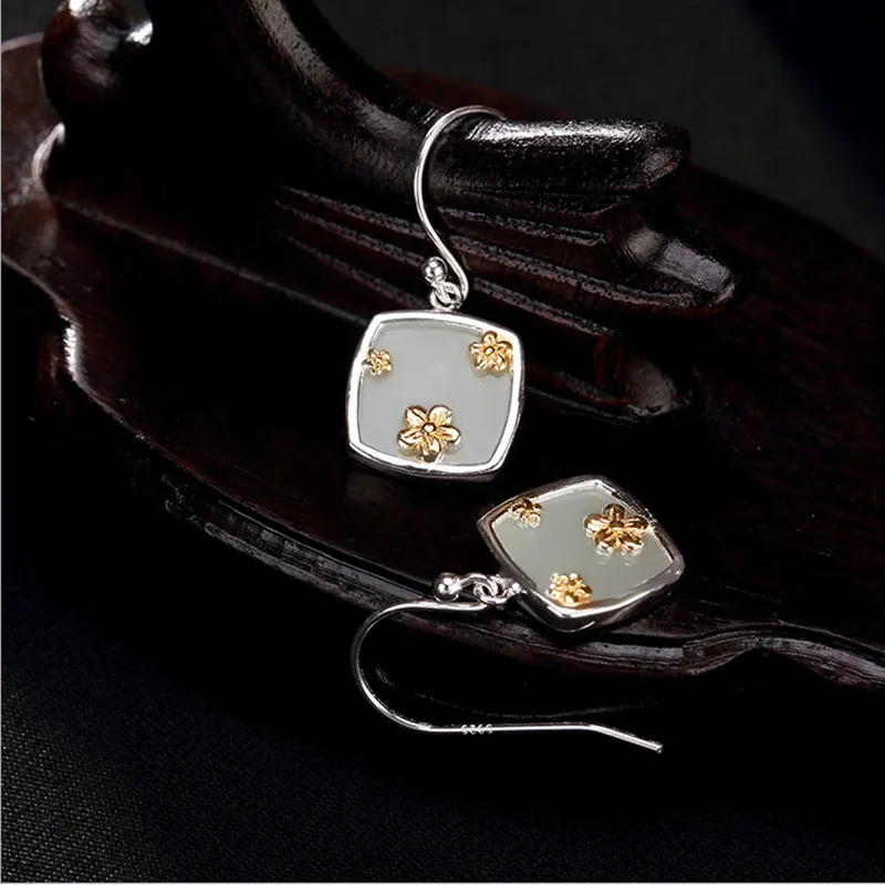 

Uglyless S 925 Sterling Silver Square Dangle Earrings Handmade Engraved Flower Earrings Natural White Jade Women Ethnic Jewelry