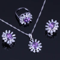 excellent purple cubic zirconia white cz silver plated jewelry sets earrings pendant chain ring v0247