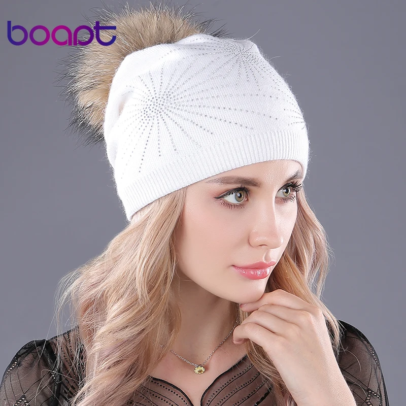 [boapt] заклепка мягкий шерсть вязание кепка натуральный енот мех помпон женский