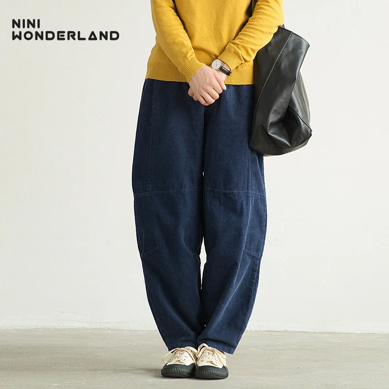 blue NINI WONDERLAND Corduroy Harem Pants Woman Autumn Low Crotch Ankle Length Pants Elastic Waist Female Loose Trousers Casual - Цвет: blue
