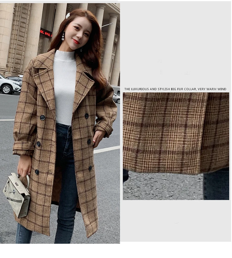 Zoki Loose Plaid Women Long Wool Blend Coat Fashion Winter Warm Jacket Elegant Double Breasted Autumn Fleece Outwear Plus Size